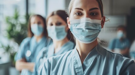 Group of healthcare professionals in scrubs and protective masks are standing confidently - obrazy, fototapety, plakaty