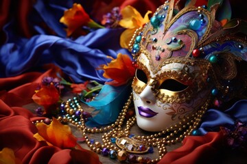 Festive, colorful Mardi Gras or carnivale mask and beads on golden, green and purple background.
