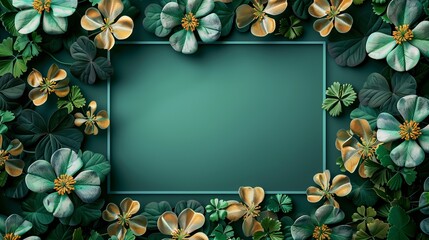 smooth green background With a white frame for inserting text, surrounded by clover leaves, the leaves of good luck. It is said that in 10,000 clover trees, you will find only one with 4 petals.
