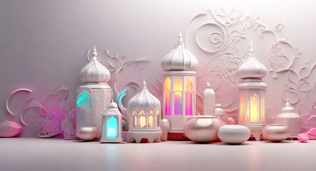 Islamic Ramadan and Eid Mubarak 3D renders soft light effects on an abstract HD aesthetic background