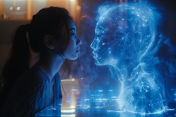 Obraz premium Woman Engages with Blue Light Holographic Representation of Artificial Intelligence