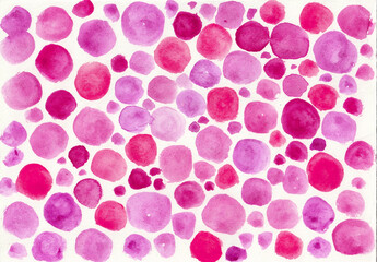 Abstract background. Pink circles and dots of different sizes, curved shape, hand drawn on white background. Different shades of pink. Watercolor. Baby shower. This is a girl. Holiday, party. Wedding.