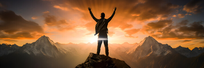 Silhouette of A Victorious Hero On Mountain Top Against Dramatic Sunset
