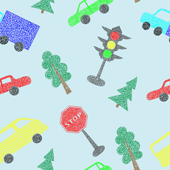 Seamless pattern with hand drawn cars on blue background in childrens naive style.