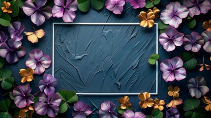 smooth blue background With a white frame for inserting text, surrounded by clover leaves, the leaves of good luck. It is said that in 10,000 clover trees, you will find only one with 4 petals.