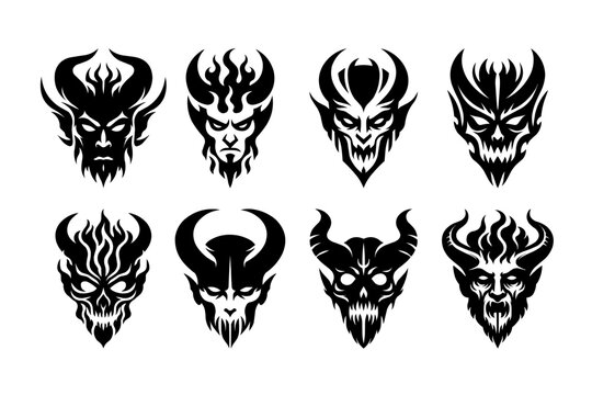 Devil and demon head tattoo set, vector illustration isolated on white background