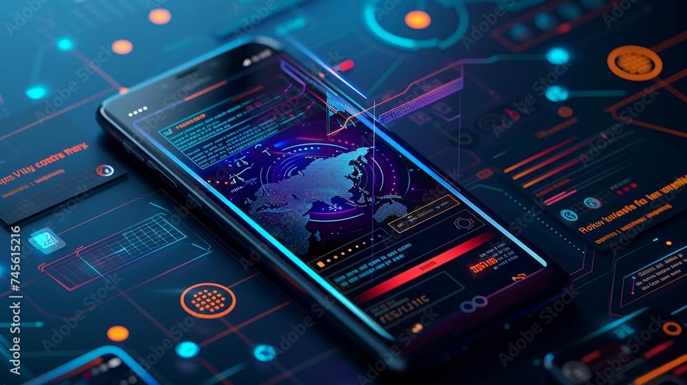 Poster a futuristic smartphone interface with advanced kyc biometric security features