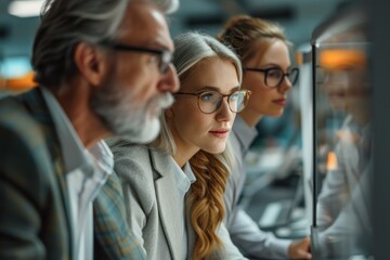 businessman, group, meeting, background, office, team, teamwork, work, communication, discussion. young and mature professionals, employees working together on a project in the office. generative ai.