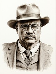 Theodore Roosevelt hand drawn sketch portrait on plain white background from Generative AI - obrazy, fototapety, plakaty