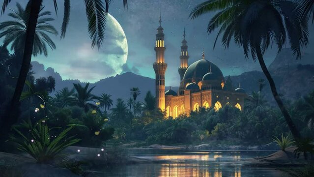 mosque with crescent moon and blinking stars animation ramadan greeting concept. eid mubarak