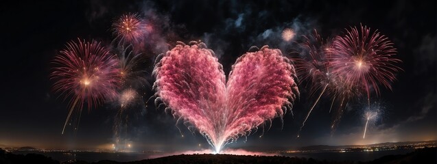 Wide angle panoramic view of pink heart shaped fireworks display on a dark black night sky from Generative AI