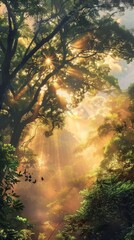 Obraz na płótnie Canvas The sun shines through the trees in the forest