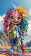 A doll with colorful hair holding a paintbrush