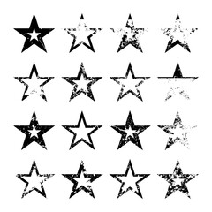 Vintage stars with cracks and stains. Old hand-drawn sign, black simple shape. Retro design element with distressed effect, grunge texture. Vector illustration