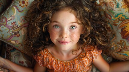 A little girl with freckles sitting on a couch