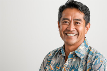 A middle-aged man is smiling and looking directly at the camera while wearing a colorful Hawaiian shirt. - obrazy, fototapety, plakaty