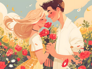 Romantic Illustration of Woman and Man with Roses, Generative AI