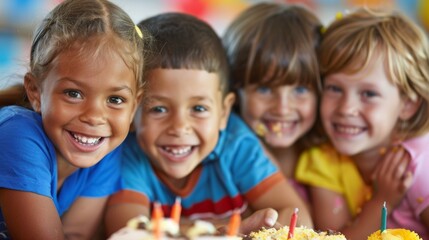 A group of children sitting in front of a cake