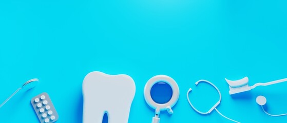 3d object illustration for dentist tooth with tools of medical health care for dental clinic hospital bussiness