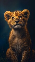 Obraz premium A lion cub sitting in the grass looking up