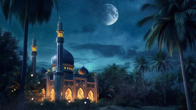 mosque with crescent moon and blinking stars animation ramadan greeting concept. eid mubarak