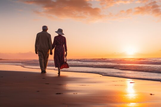 beach, happy, lifestyle, love, together, couple, romantic, sea, sunset, ocean. A joyful elderly couple walking together hand in hand, on the beach enjoying a leisurely with sunset at sea horizon.