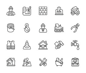Construction line icon set isolated on transparent background
