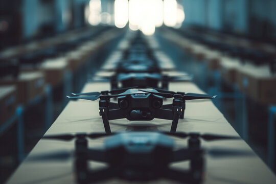 FPV drones on a production line, prepared for applications ranging from military surveillance, tactical reconnaissance missions, to advanced training programs for armed forces personnel. High quality