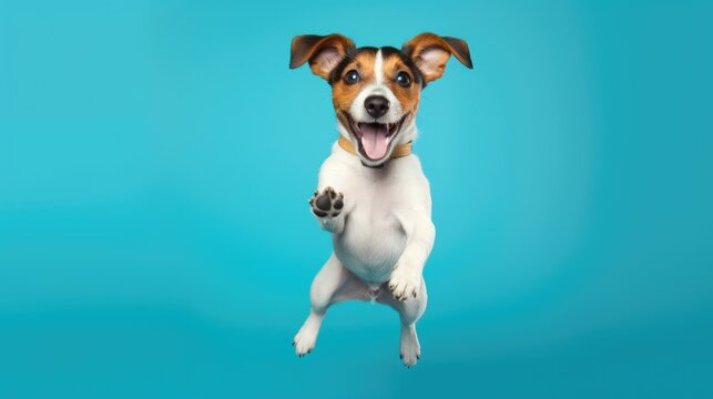 Portrait of a happy, cheerful dog on a blue background. A pet.