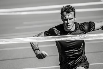 Monochrome image of a determined male athlete crossing the finish line on a track field, depicting achievement and competition.