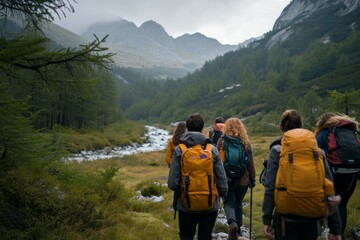 Group of hikers with backpacks trekking in mountainous landscape by a river.