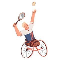 A man without legs in a wheelchair plays tennis. Summer sports. A full and happy life. Vector illustration isolated on transparent background.