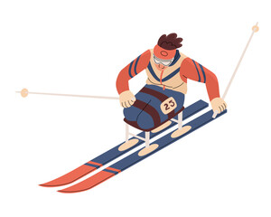 A person with disabilities participates in skiing competitions. Winter sports. A full and happy life. Vector illustration isolated on transparent background.