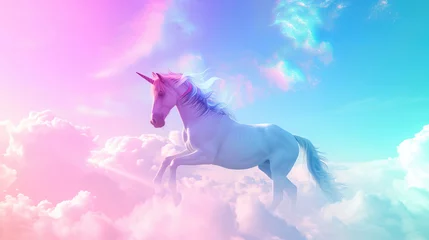 Papier Peint photo autocollant Violet A majestic white unicorn with a flowing mane galloping across a dreamy cloudscape of pink and blue hues, perfect for fantasy-themed content, children's literature, or creative storytelling visuals