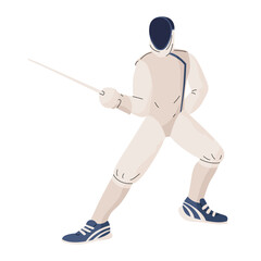 Sports fencer in full uniform with a rapier in a defensive pose. Summer sports and competitions. Vector illustration isolated on transparent background.