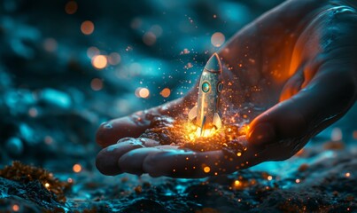 startup, business, idea, innovation, management, marketing, rocket, start, strategy, success. man holding launch ignites startup company path to innovation and achievement in the business world. - obrazy, fototapety, plakaty