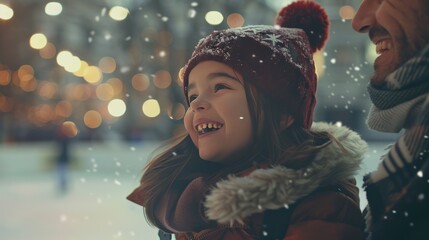  father takes care of his daughter in the snow - obrazy, fototapety, plakaty