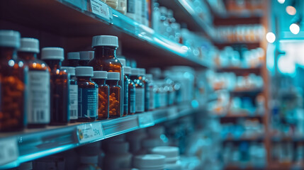 A drug store with medicine bottles lined up beautifully on the s - obrazy, fototapety, plakaty