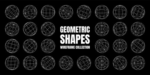 Wireframe shapes, lined sphere. Perspective mesh, 3d grid. Low poly geometric elements. Retro futuristic design elements, y2k, vaporwave and synthwave style. Vector illustration