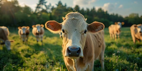Curious cattle in a field gaze at the camera with interest. Concept Animals, Cattle, Curiosity, Nature, Photography