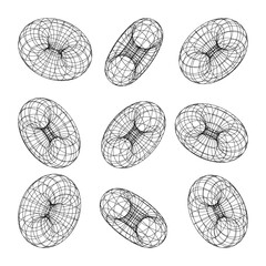 Wireframe shapes, lined torus. Perspective mesh, 3d grid. Low poly geometric elements. Retro futuristic design elements, y2k, vaporwave and synthwave style. Vector illustration