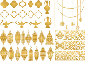 Moroccan Vector Elements. Arabian Ornament. Frame, Arabic lantern, lamp, tile. Arabic pattern