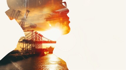 Double exposure photography of engineer man and the business Logistics and transportation of Container Cargo ship and Cargo plane with working crane bridge - obrazy, fototapety, plakaty