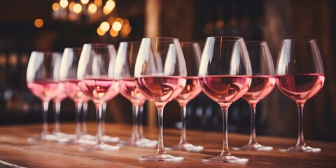Set of pink wine glasses arranged neatly on a wooden bar. Concept Home Decor, Wine Glasses, Pink Theme, Interior Design, Wooden Furniture