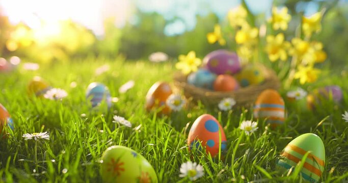 Easter eggs and spring flowers on meadow