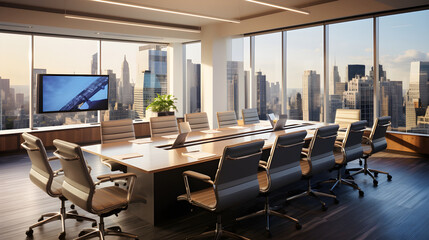 Fototapeta na wymiar Elegant HL Meeting Room with Cityscape View and Advanced Technology