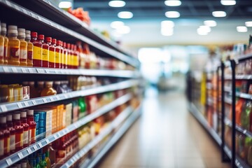 bottles of different drinks on a shelf in a supermarket