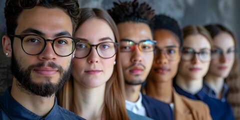 Fototapeta premium Unified and Diverse: A Lineup of People Wearing Glasses. Concept Fashionable Eyewear, Stylish Frames, Trendy Spectacles, Chic Sunglasses