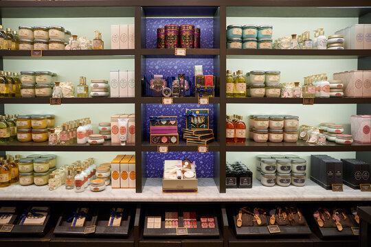 HONG KONG, CHINA - DECEMBER 04, 2023: personal care products displayed at Sabon store in New Town Plaza shopping mall.