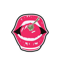 Vector Illustration of Cartoon Lips with Cherries. Isolated On White Background.